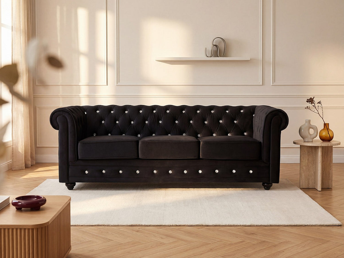 Canapé chesterfield 3 places en velours noir - CRYSTAL