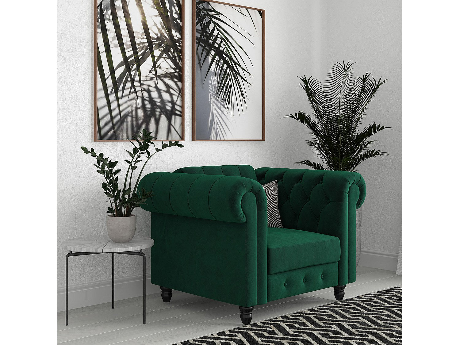 Capitonnage de la méridienne chesterfield FELIX en velours vert foncé