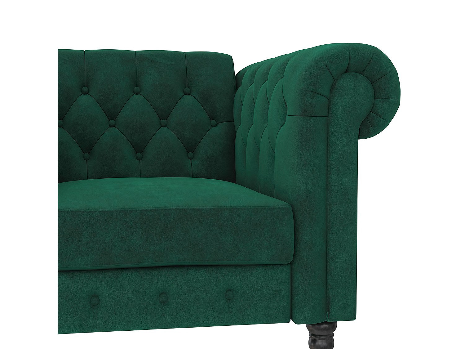 Vue d'ensemble de la méridienne chesterfield FELIX en velours vert foncé