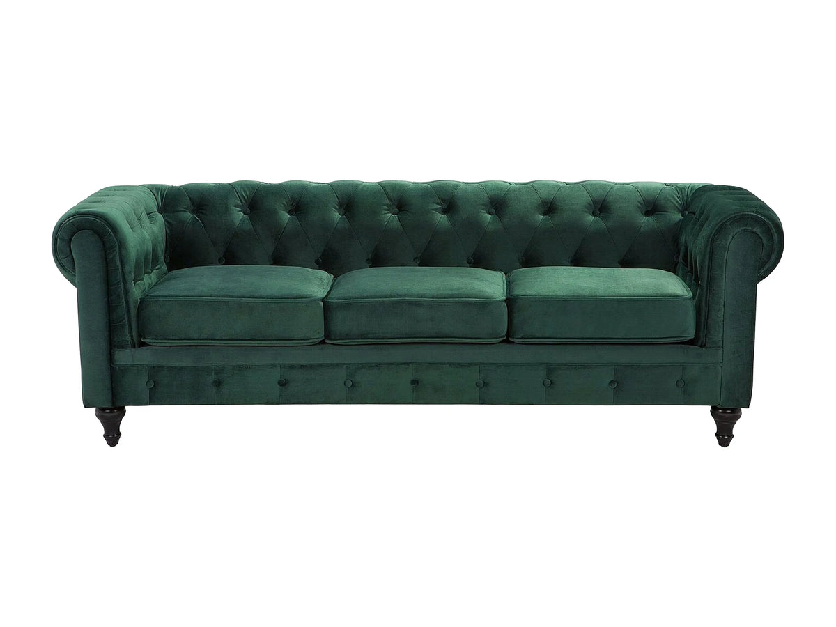 Détail du velours vert émeraude du canapé chesterfield PORTLAND
