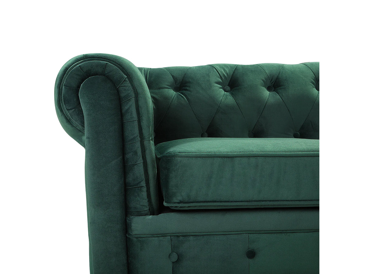 Capitonnage du canapé chesterfield PORTLAND 3 places velours vert émeraude