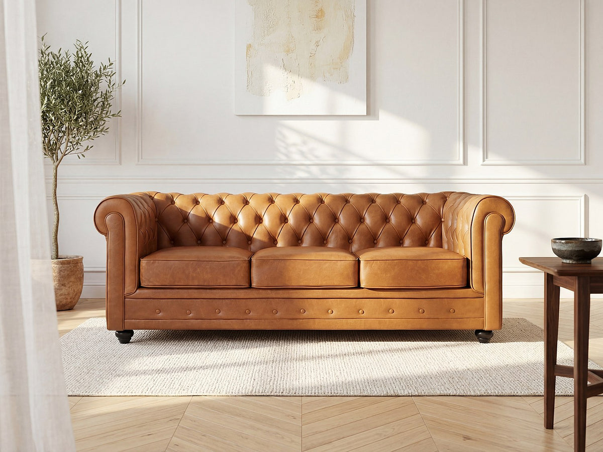 Canapé chesterfield 3 places en cuir de vachette camel - THAMES