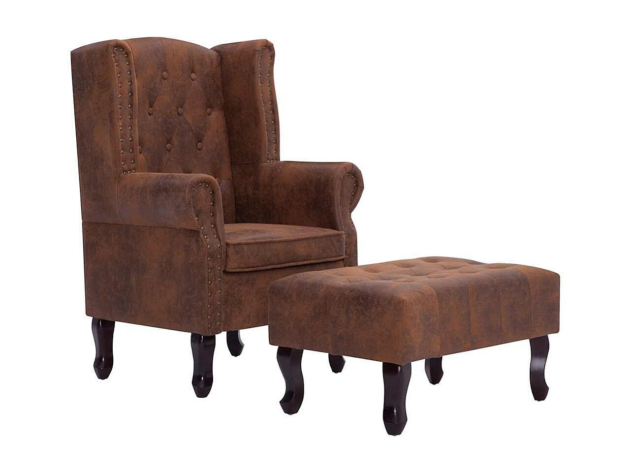 Fauteuil chesterfield et repose-pieds 1 place en simili daim marron - FLEMING