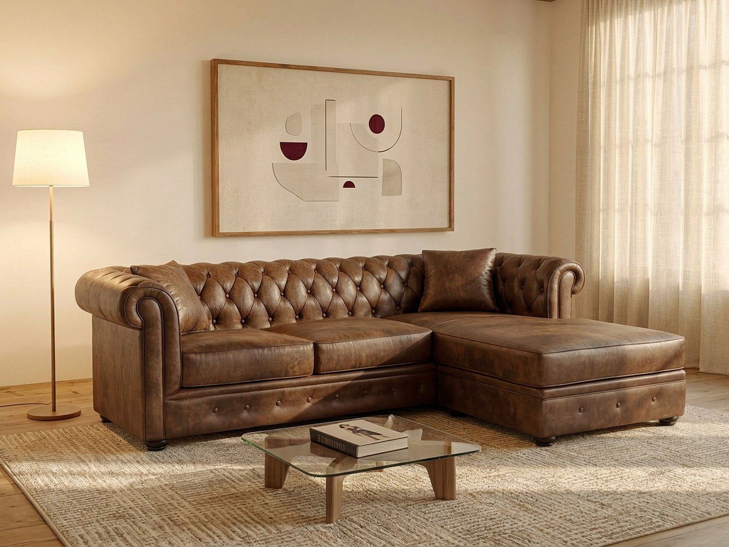 Canapé d'angle chesterfield réversible 4 places en microfibre marron chocolat - TOLEDO