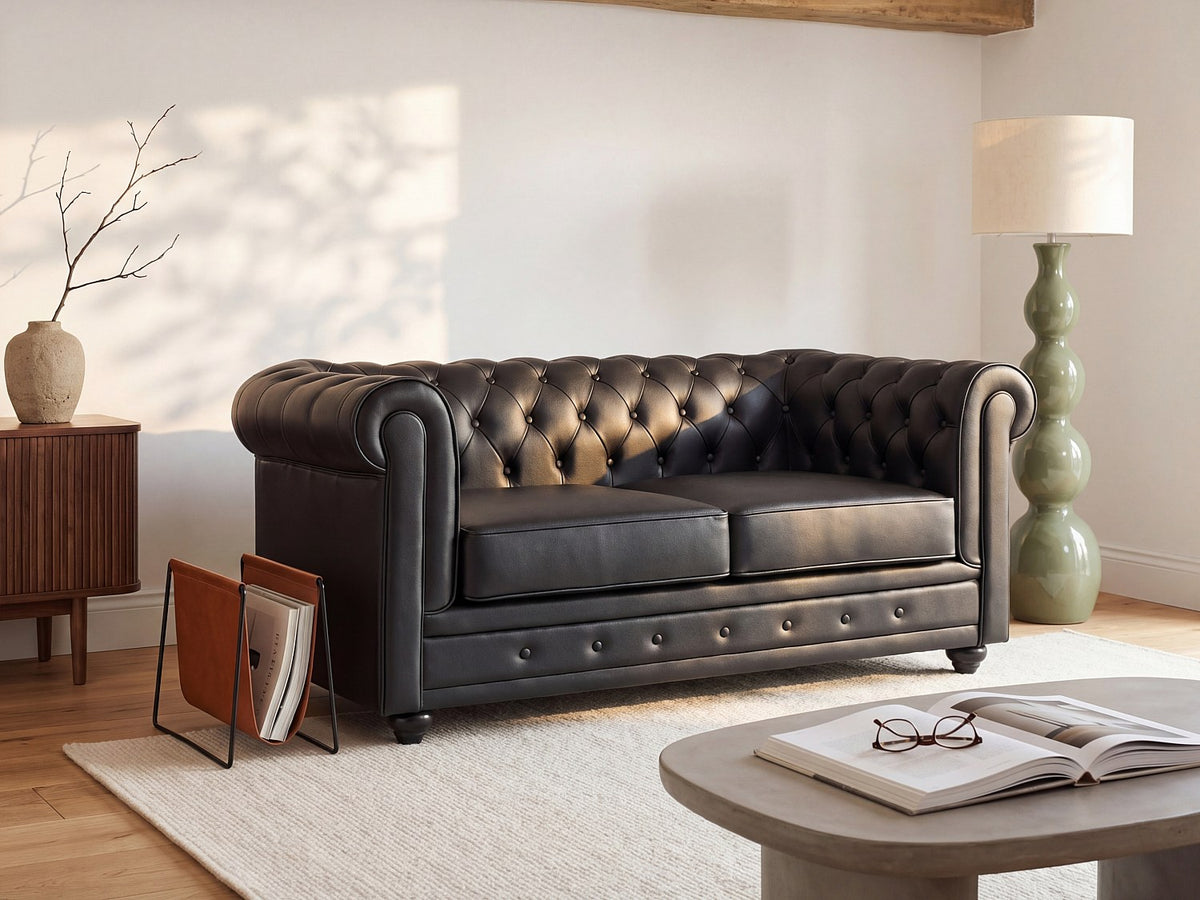 Capitonnage du canapé chesterfield BEAUMONT 2 places cuir noir