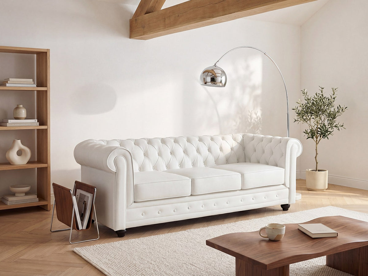 Canapé chesterfield 2 places en cuir de buffle blanc - BEAUMONT