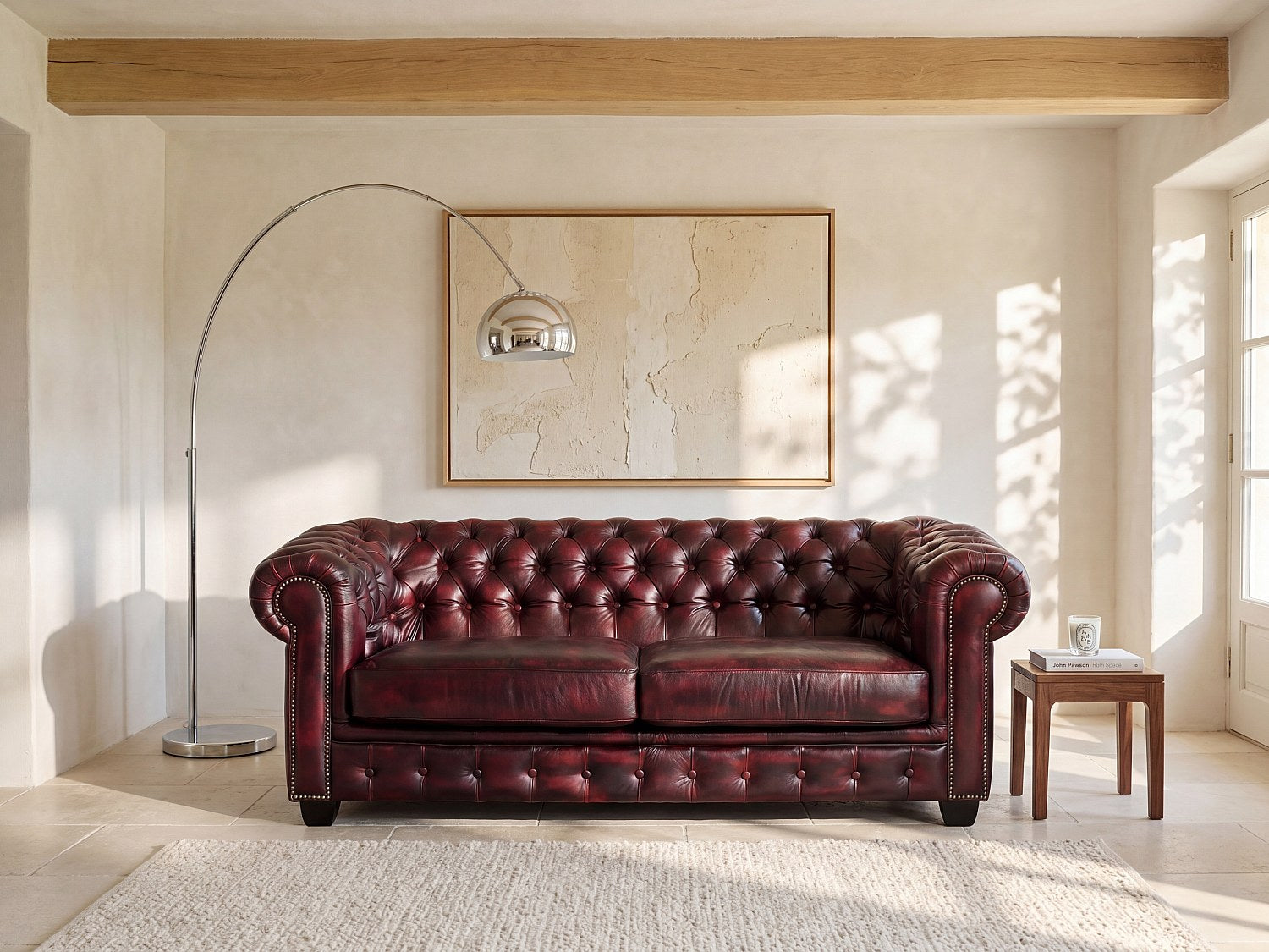 Canapé chesterfield 3 places en cuir de buffle bordeaux - BRENTON