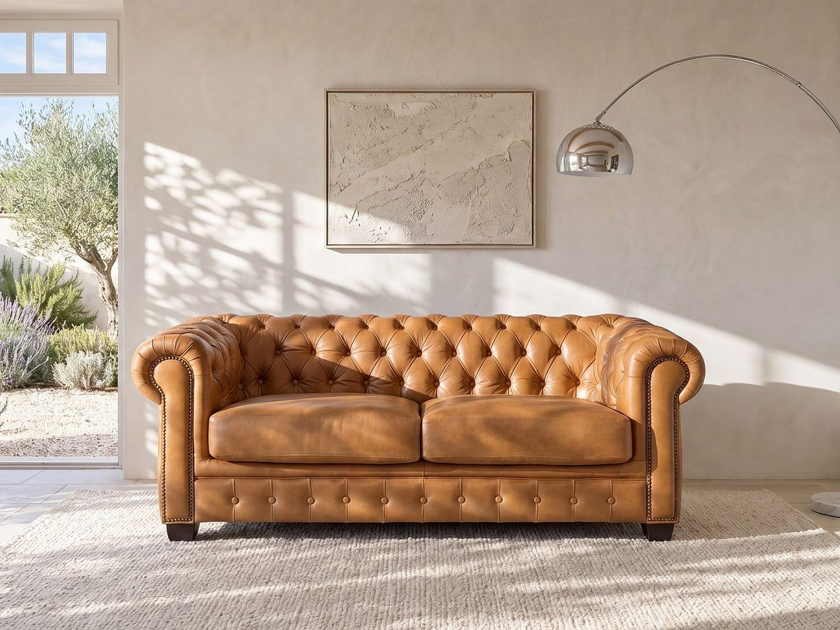 Canapé chesterfield vintage 3 places en cuir de buffle camel - BRENTON