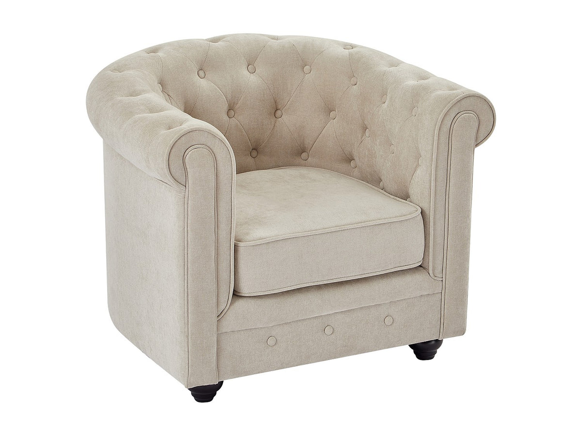 Capitonnage du fauteuil chesterfield WALTON en tissu beige