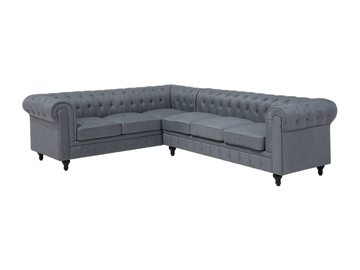 Vue d'ensemble du canapé d'angle chesterfield ELGIN 6 places gris