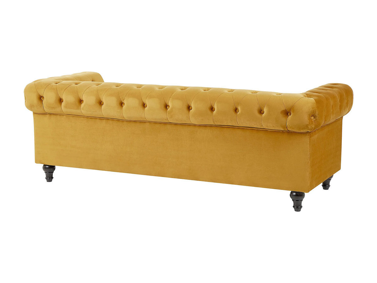 Détail du velours jaune moutarde du canapé chesterfield SALISBURY