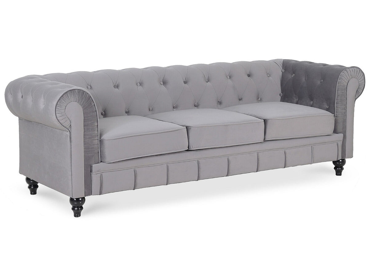 Vue d'ensemble du canapé chesterfield ALTESSE 3 places en velours argenté