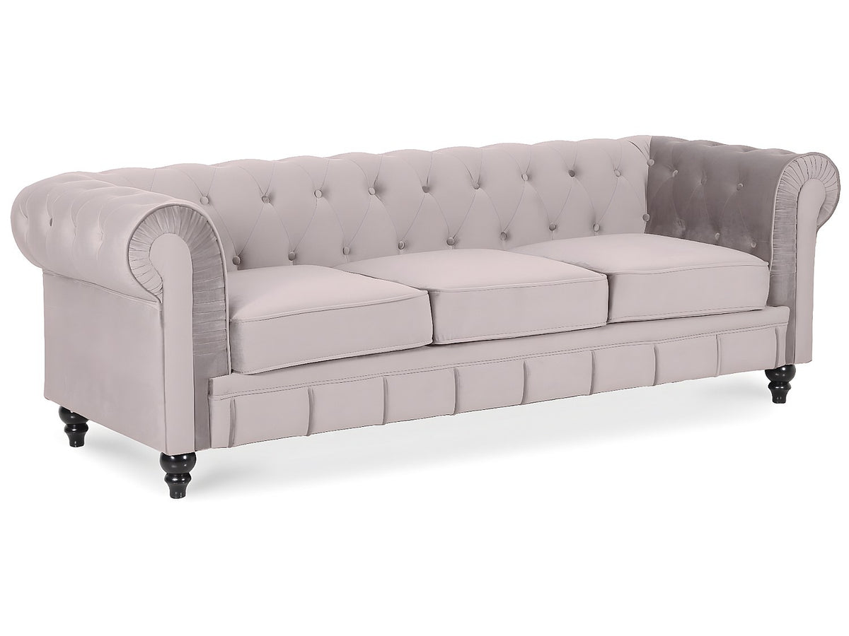 Vue d'ensemble du canapé chesterfield ALTESSE 3 places en velours taupe
