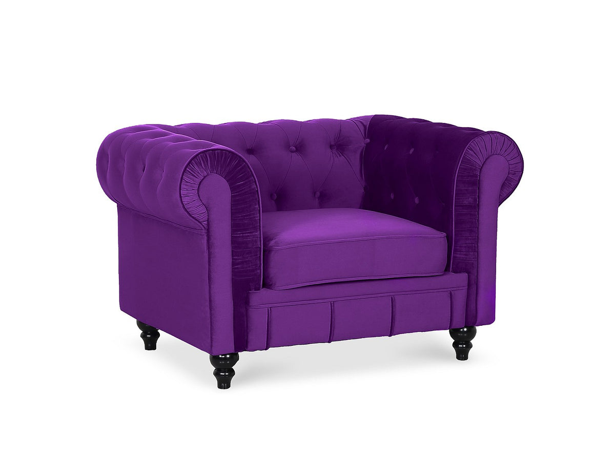 Vue d'ensemble du fauteuil chesterfield ALTESSE en velours violet capitonné