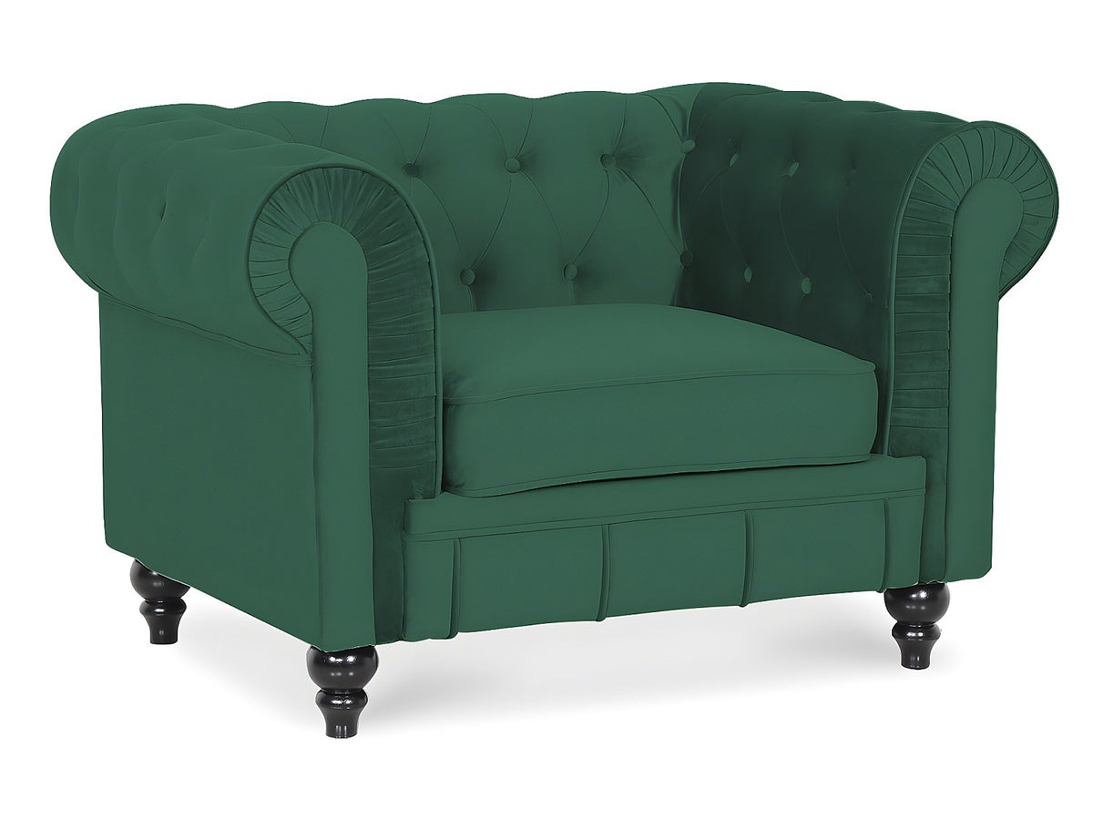 Vue d'ensemble du fauteuil chesterfield ALTESSE en velours vert capitonné