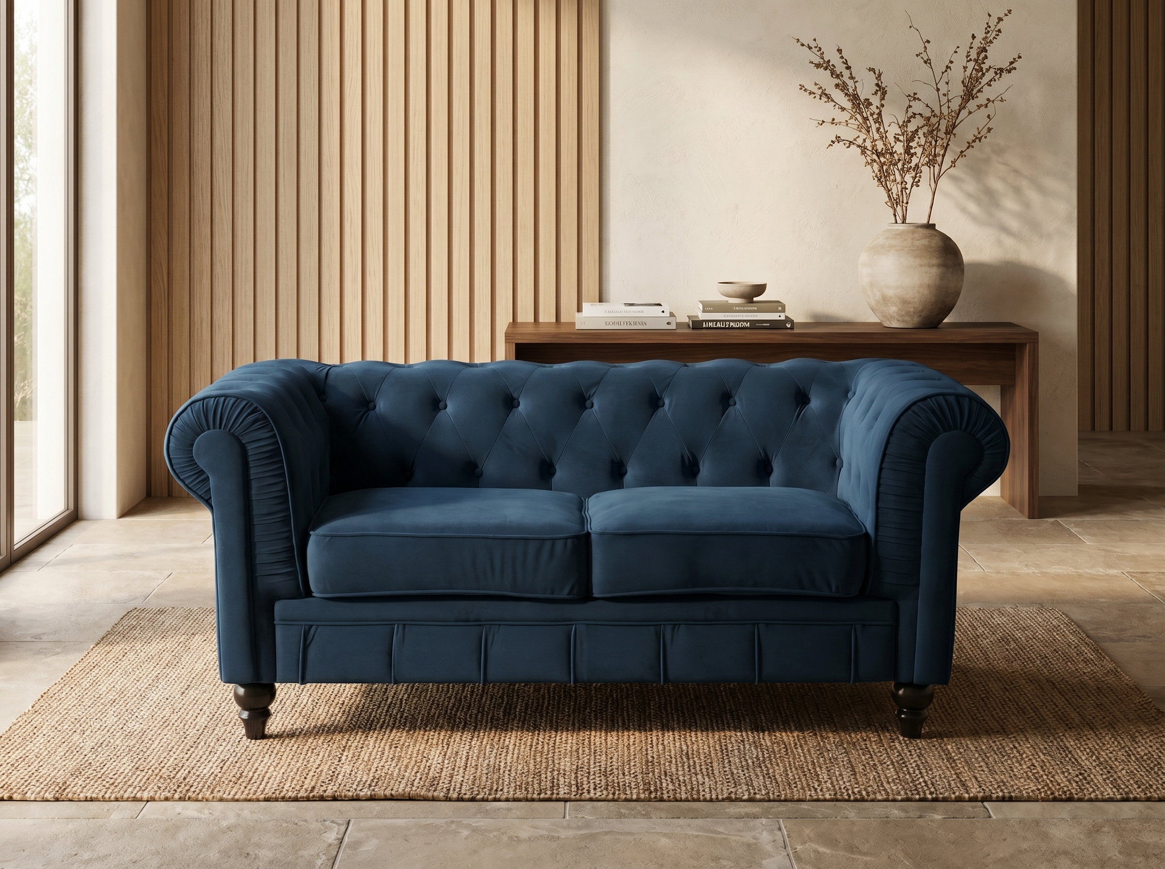 Canapé chesterfield 2 places en velours bleu nuit - ALTESSE