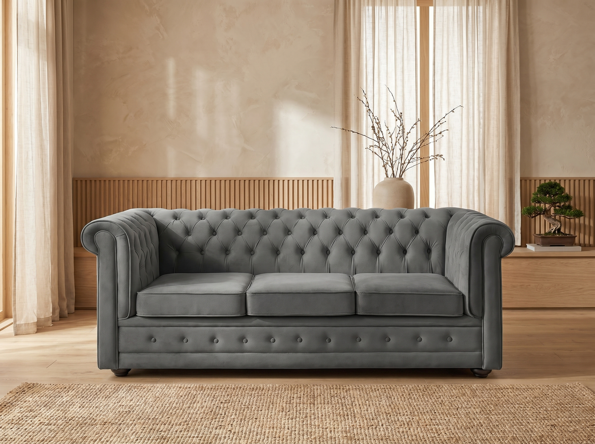 Canapé chesterfield convertible 3 places en velours gris anthracite - ABBOTT