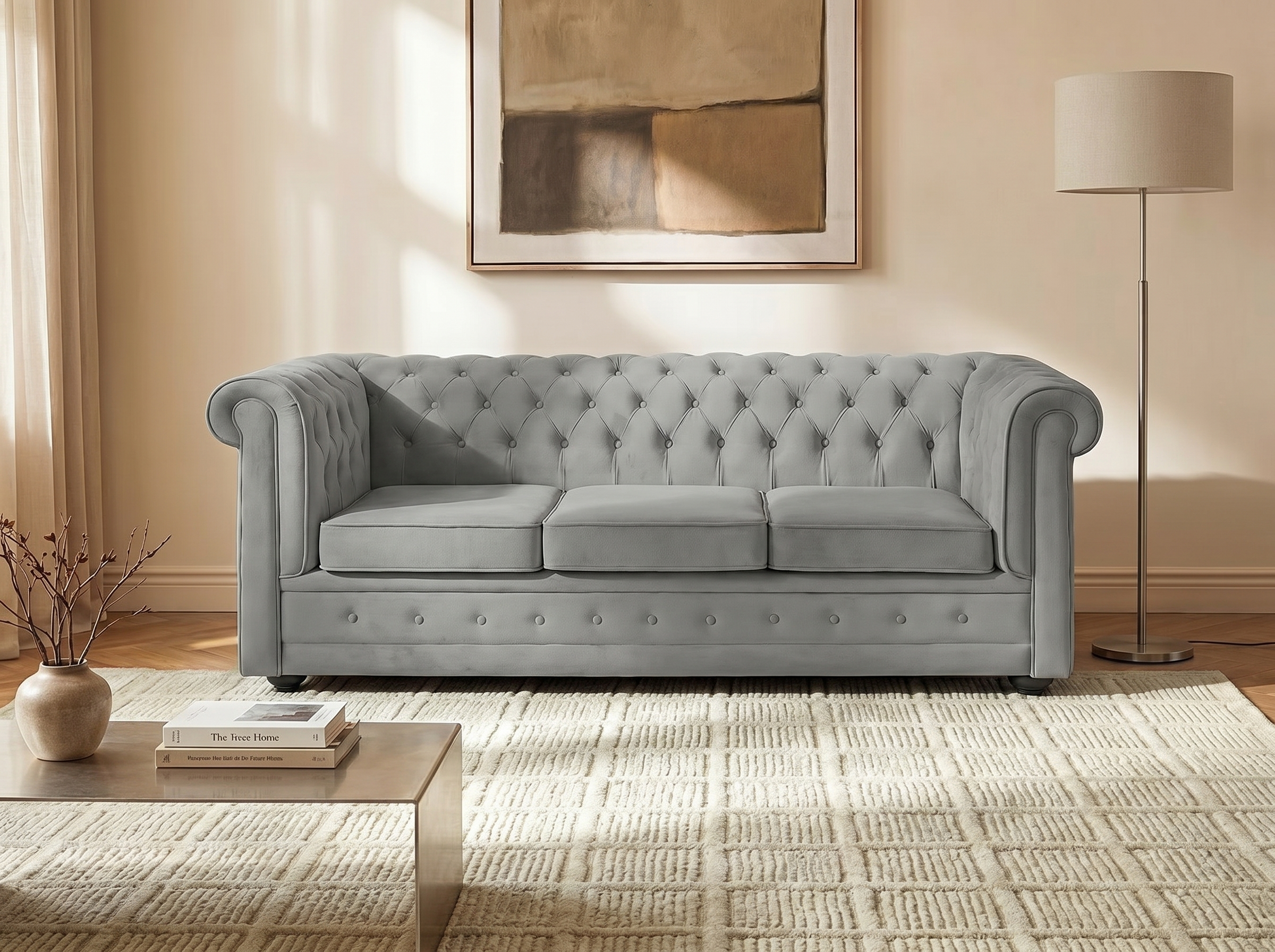 Canapé chesterfield WINSTON convertible avec assise déhoussable gris clair