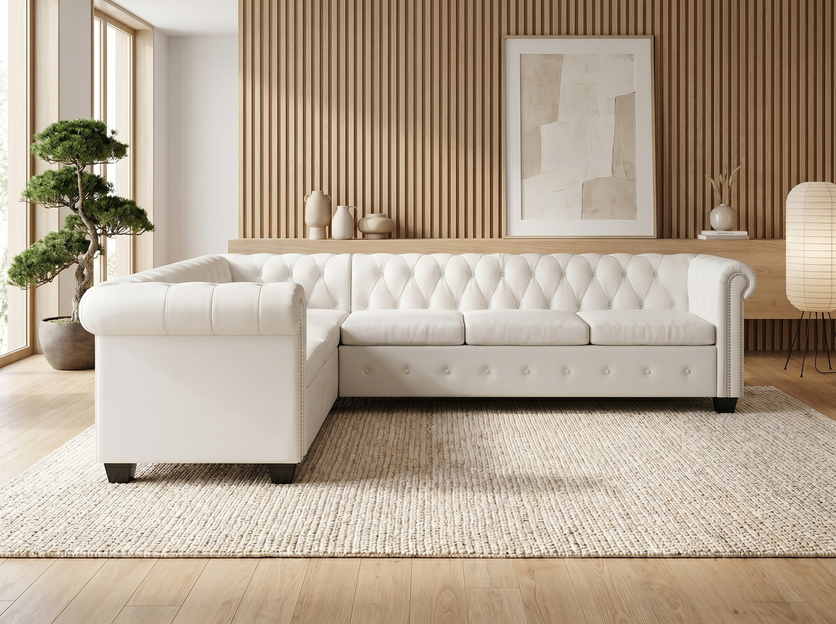 Canapé d'angle chesterfield 6 places en cuir blanc - JASPER