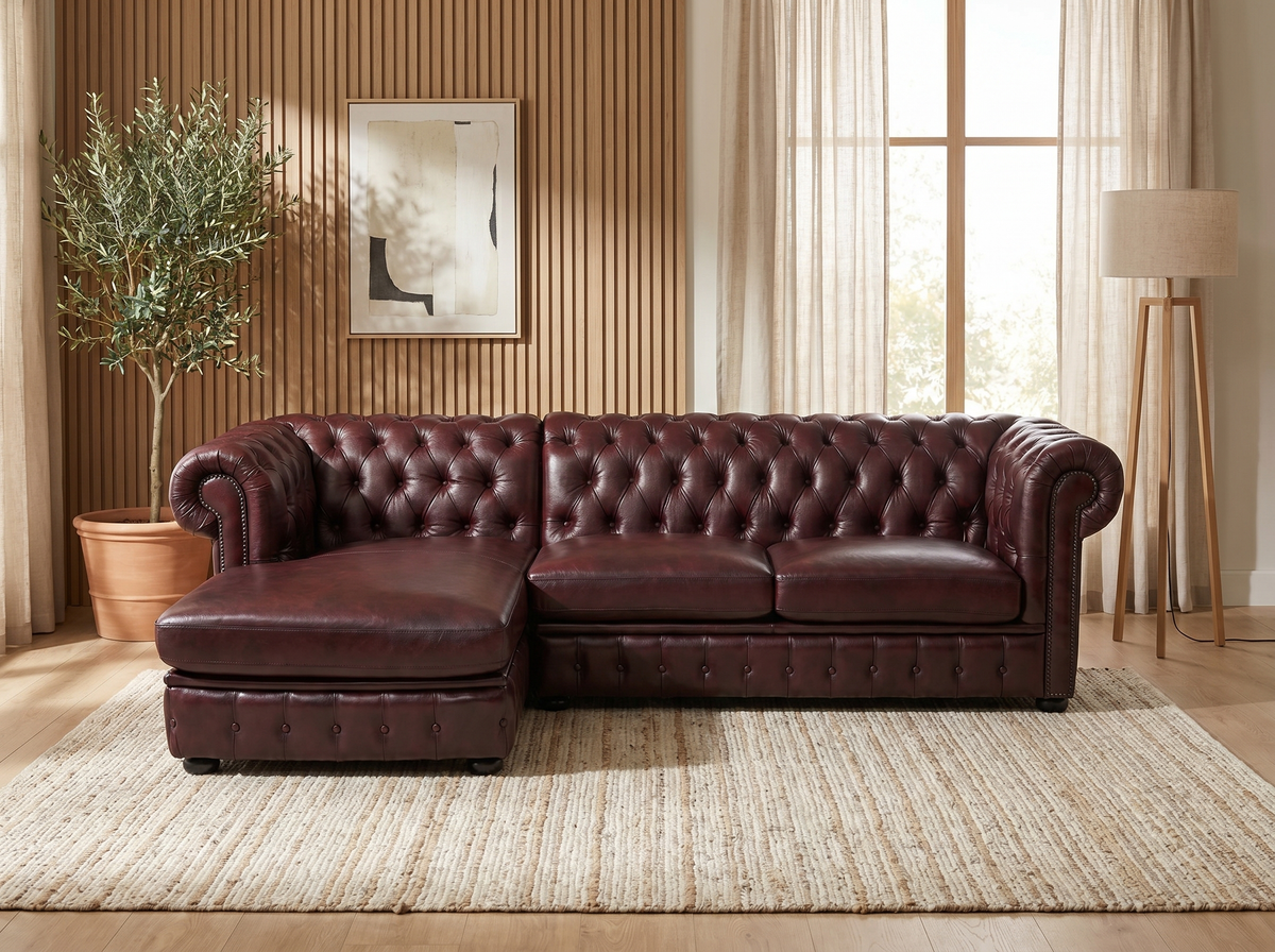 Canapé d'angle gauche chesterfield 5 places en cuir marron chocolat - BRENTON