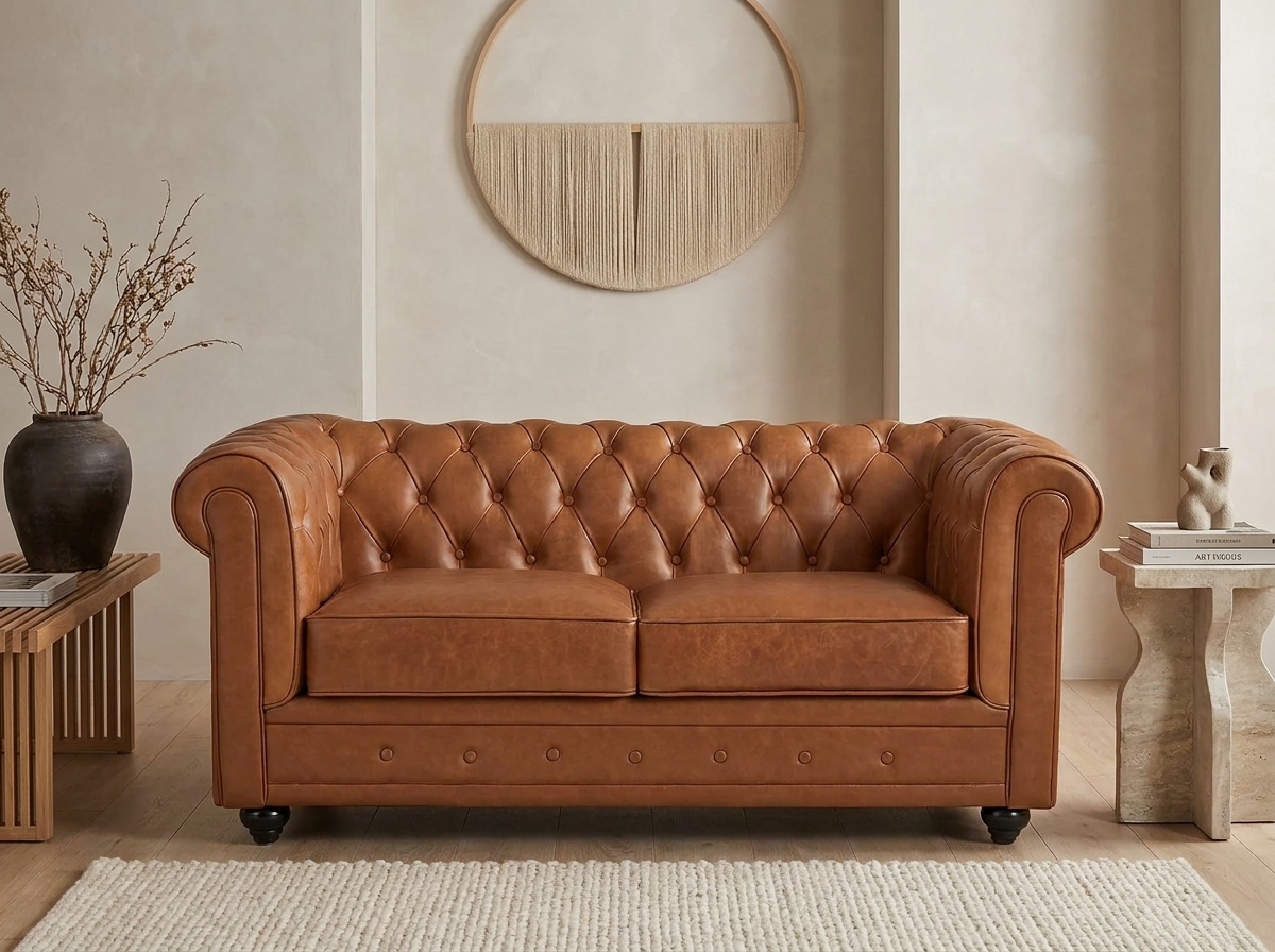 Canapé chesterfield 2 places en cuir de vachette camel - THAMES