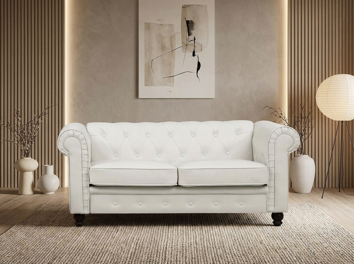 Canapé chesterfield 2 places en simili cuir blanc - WINDSOR