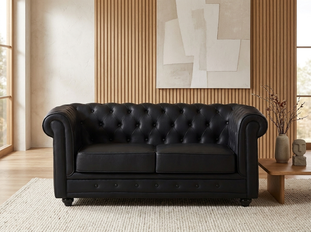 Canapé chesterfield 2 places en simili cuir noir - IRVING