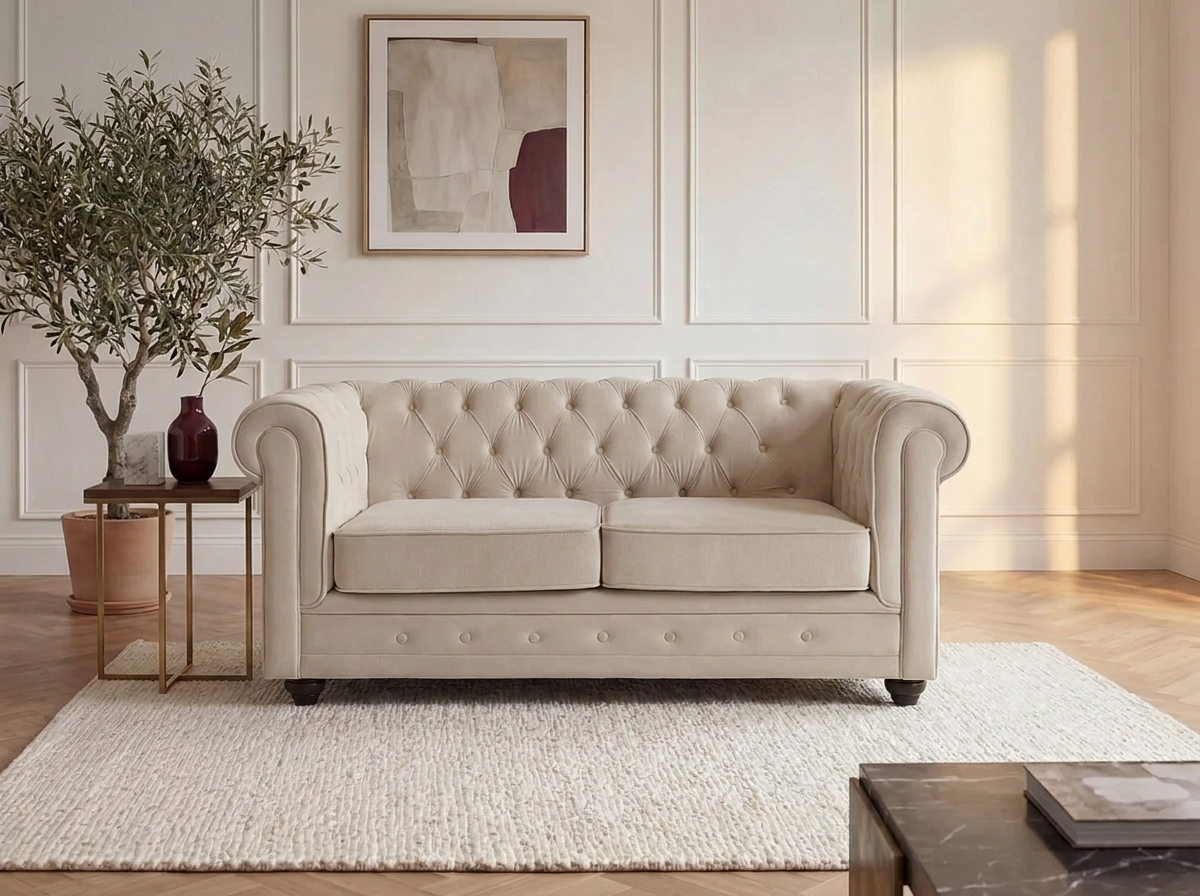 Canapé chesterfield 2 places en velours beige - ISLINGTON