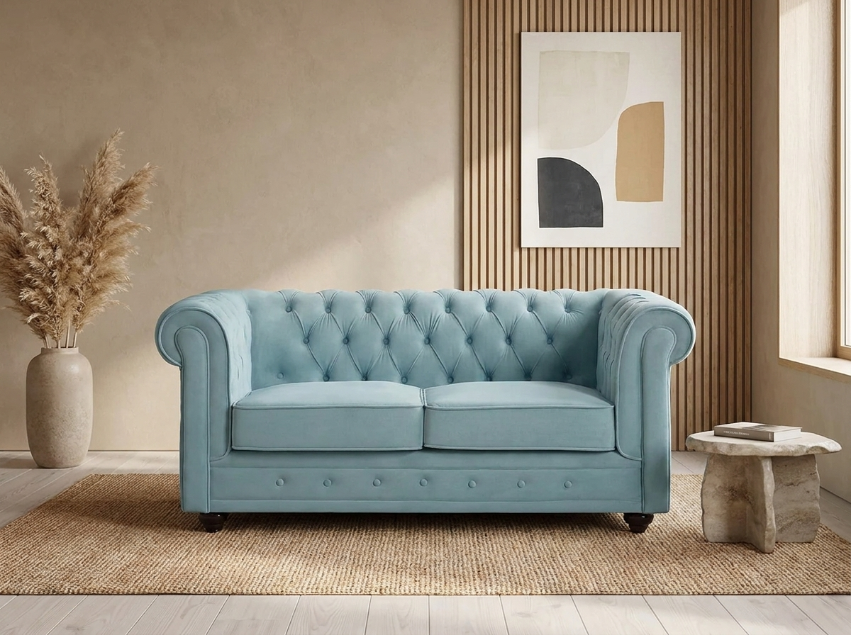 Canapé chesterfield 2 places en velours bleu ciel - ROCHESTER