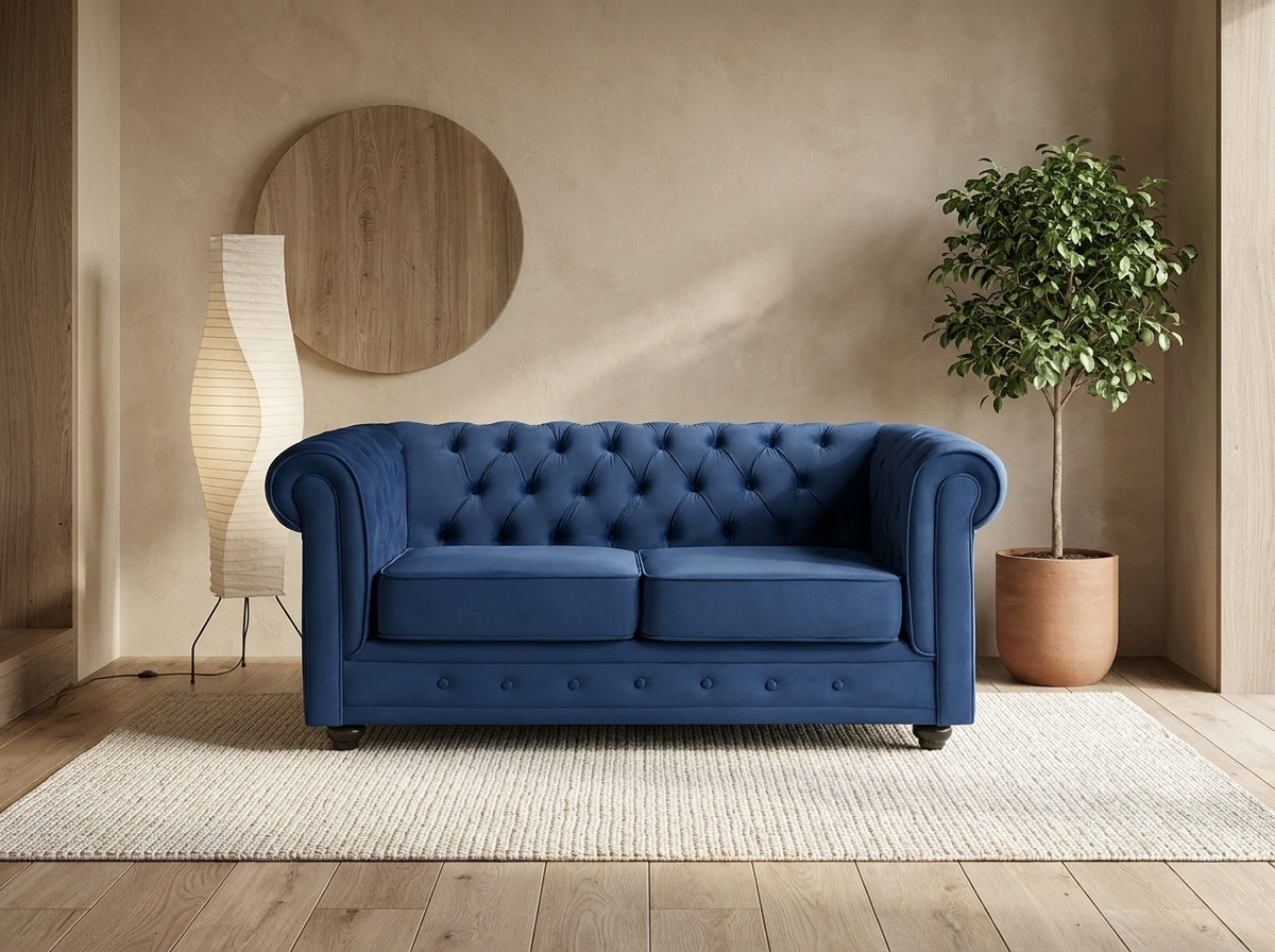 Canapé chesterfield 2 places en velours bleu roi - CHILTERN
