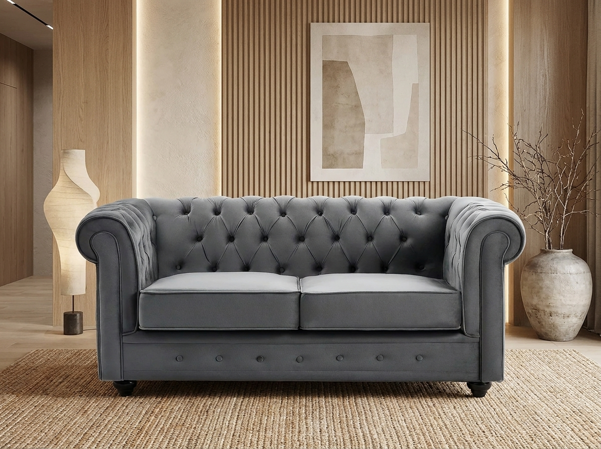 Canapé chesterfield 2 places en velours gris anthracite - MELROSE