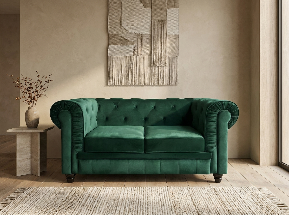 Grand canapé chesterfield 2 places en velours vert - WINDSOR