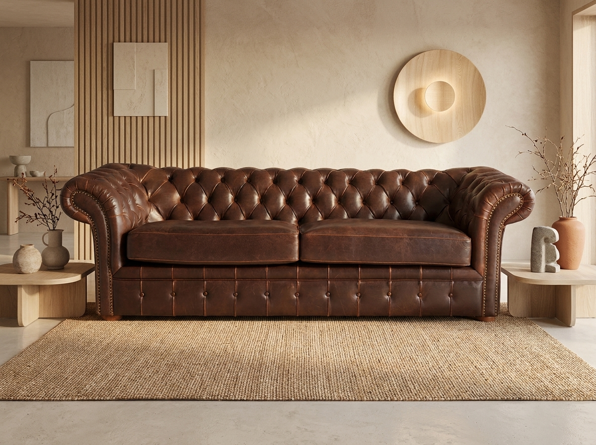 Canapé chesterfield 3 places en cuir vieilli marron chocolat - CLOTAIRE