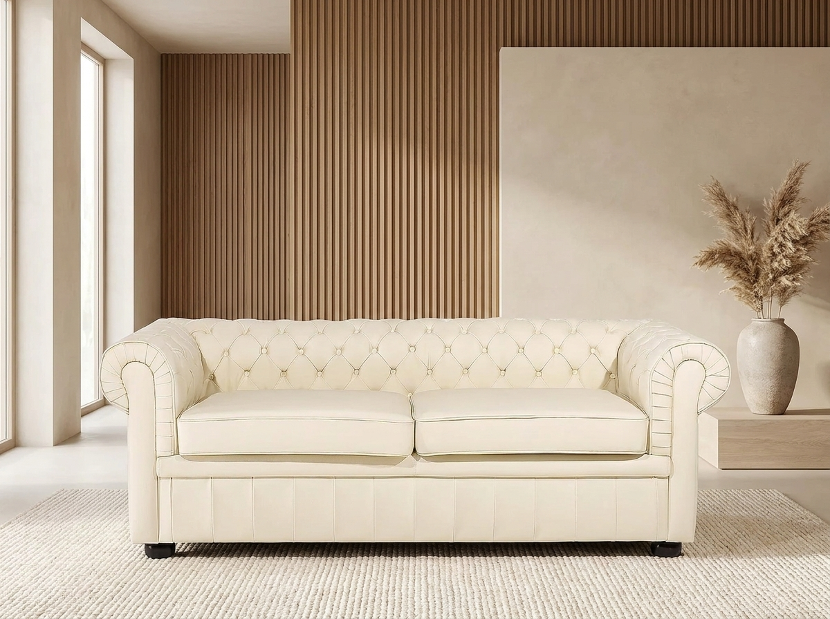 Canapé chesterfield 3 places en simili cuir beige - WESTON