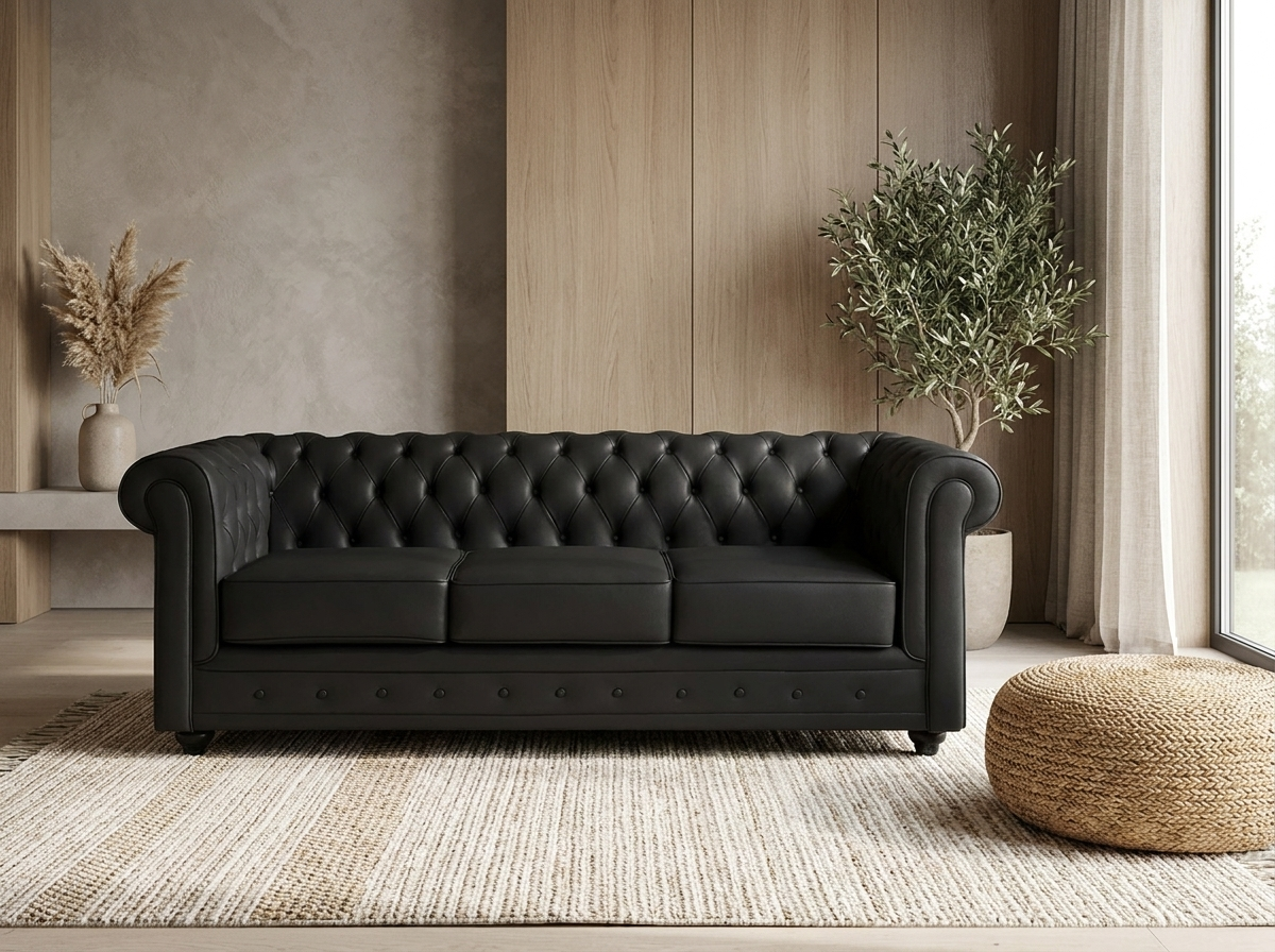 Canapé chesterfield 3 places en cuir de buffle noir - BEAUMONT