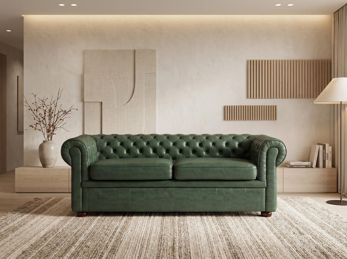 Canapé chesterfield 3 places en simili cuir vert - BRAMPTON