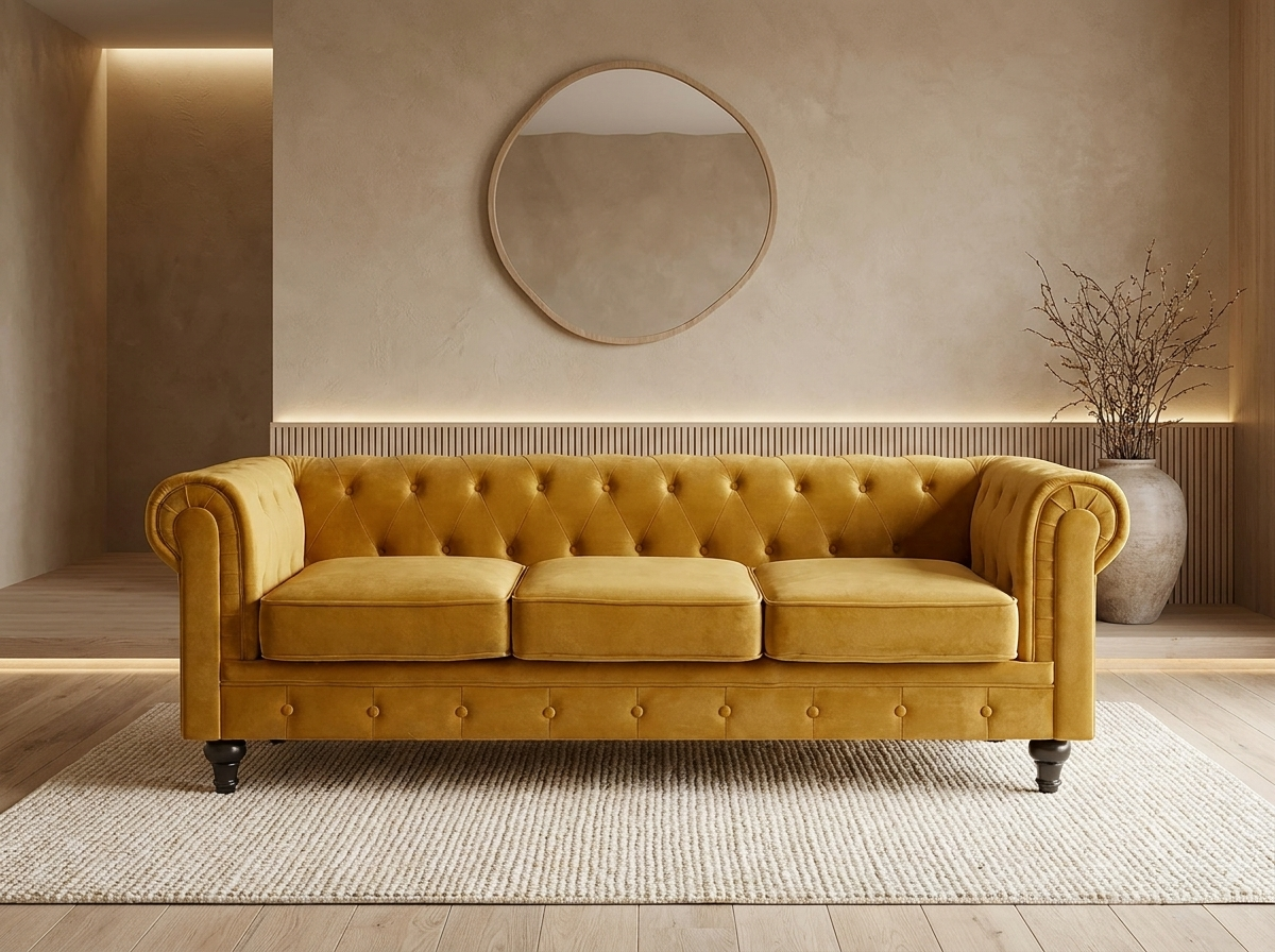 Canapé chesterfield 3 places en velours jaune moutarde - SALISBURY