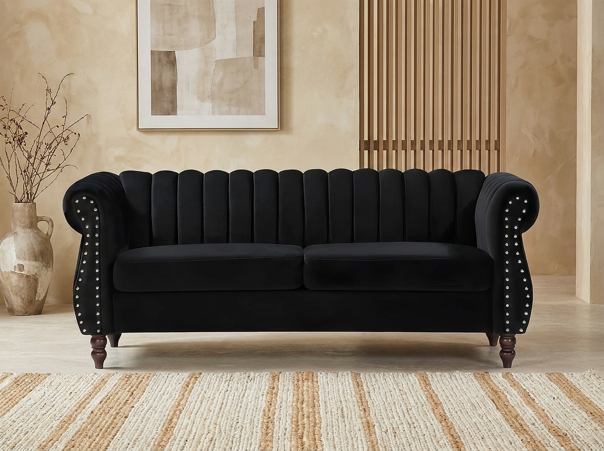 Canapé chesterfield art déco 3 places en velours noir - TRUMBO