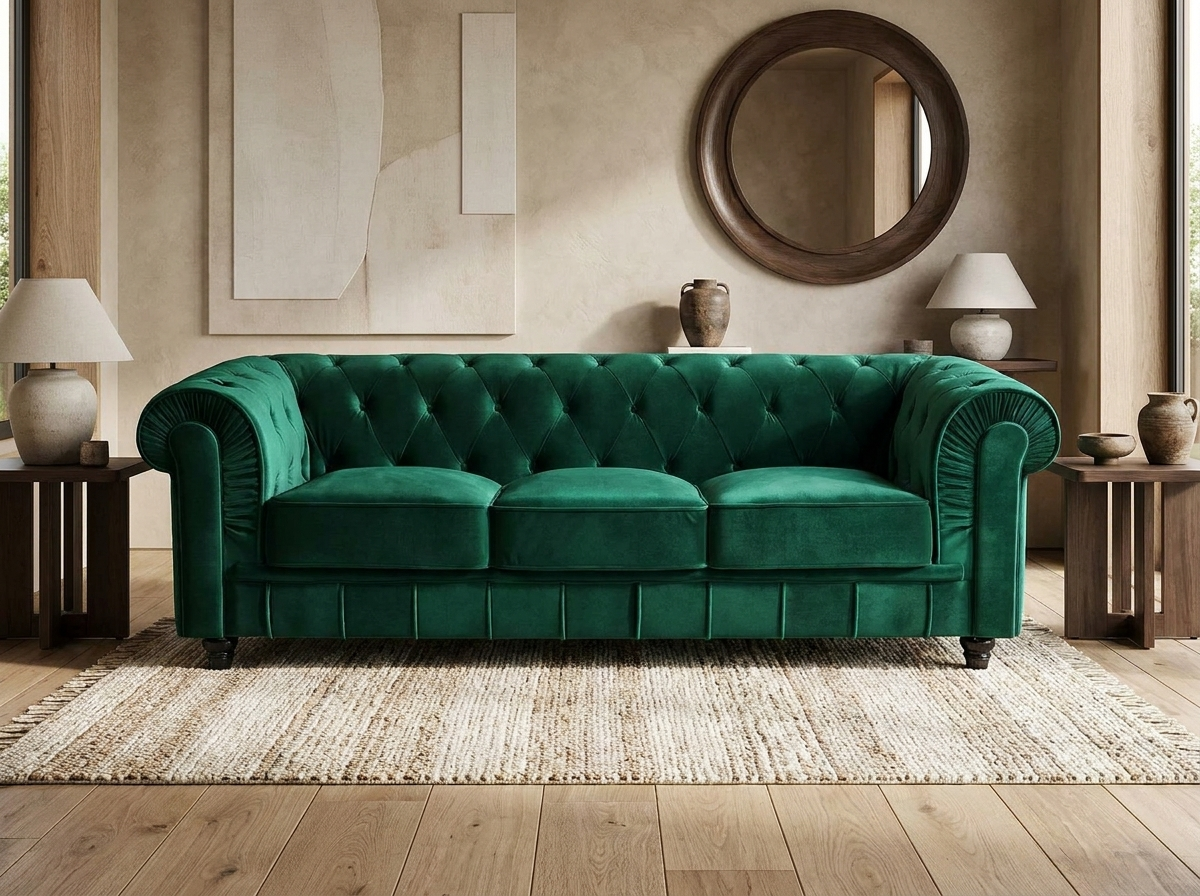Canapé chesterfield 3 places en velours vert - WINDSOR