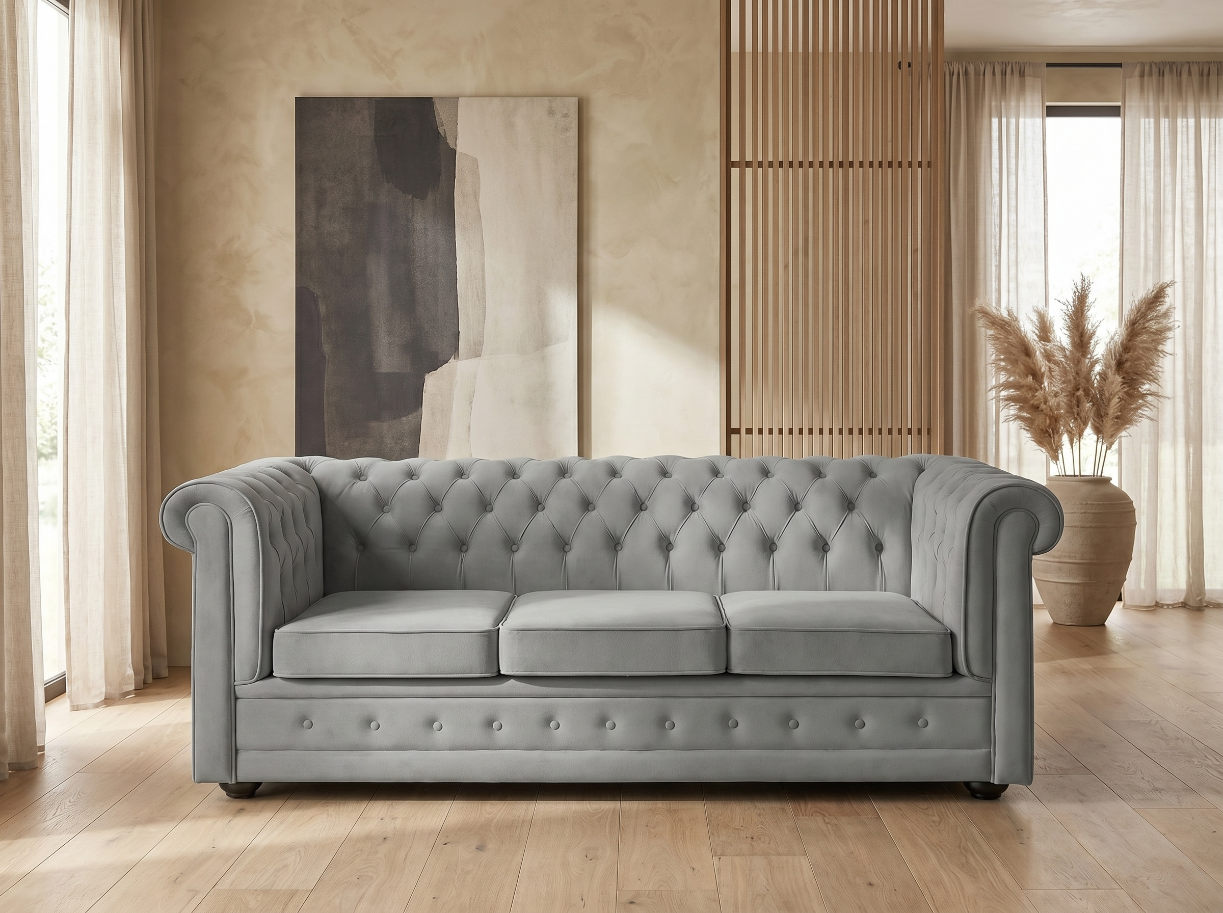 Canapé chesterfield convertible 3 places en velours gris clair - WINSTON