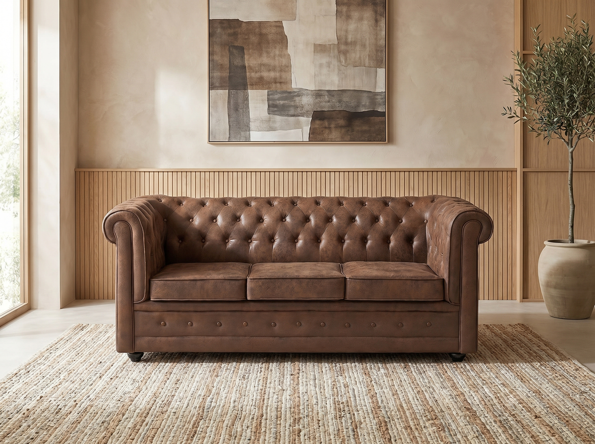 Canapé chesterfield convertible 3 places en microfibre aspect cuir vieilli marron - CARLTON