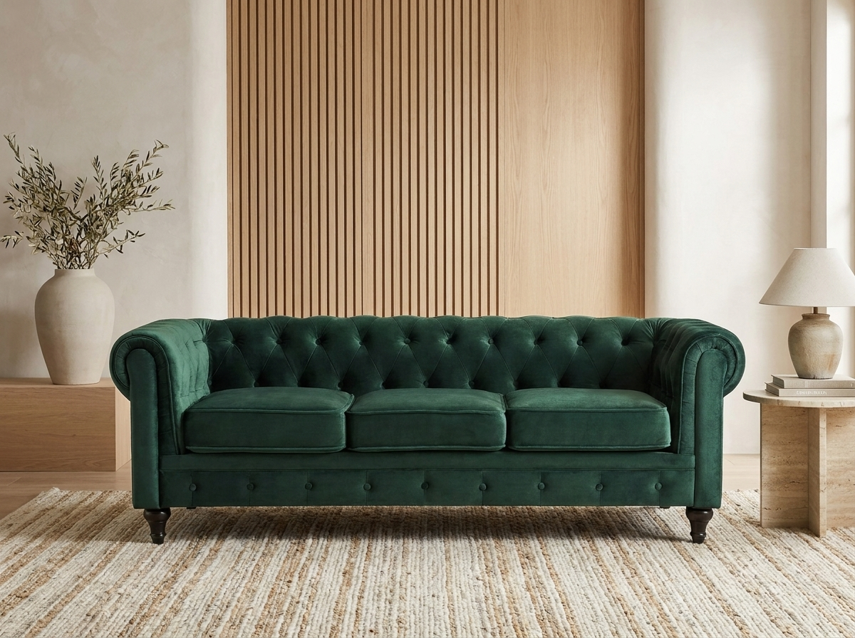 Canapé chesterfield 3 places en velours vert émeraude - PORTLAND
