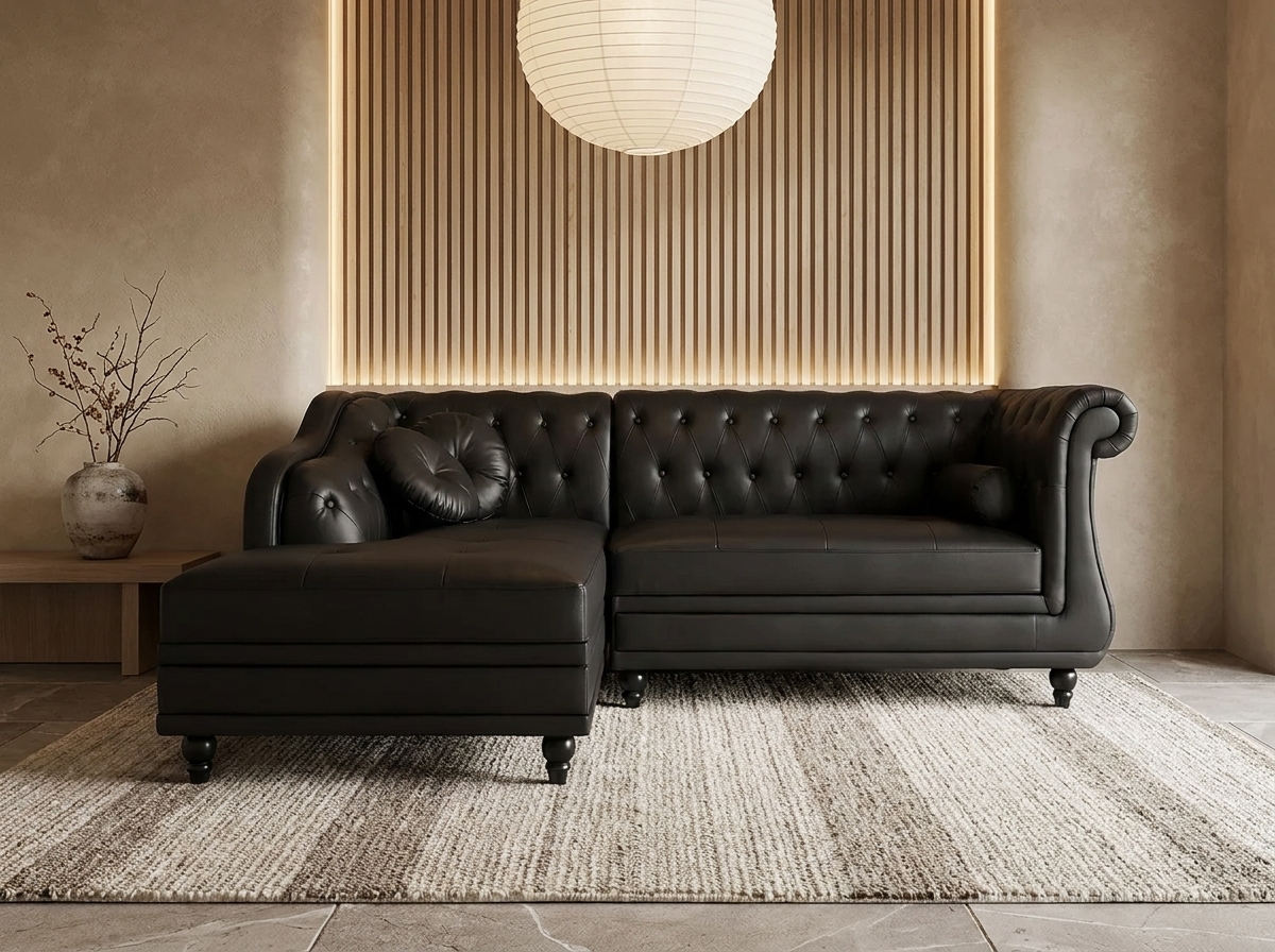 Canapé d'angle gauche chesterfield 5 places en simili cuir noir - EMPIRE