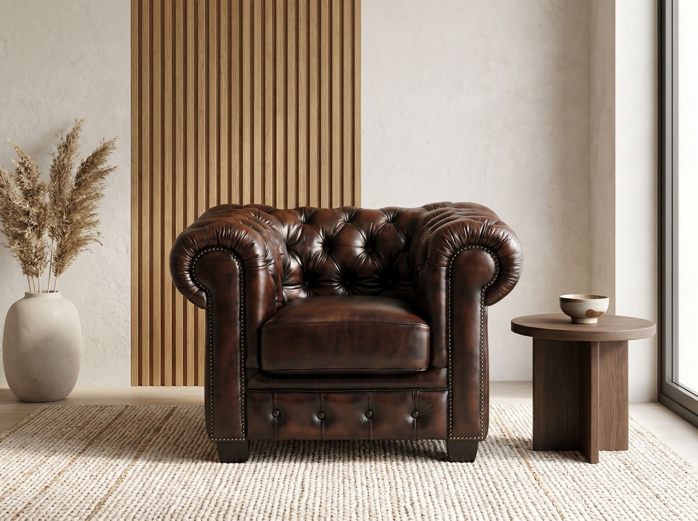 Fauteuil chesterfield 1 place en cuir de buffle marron chocolat - BRENTON