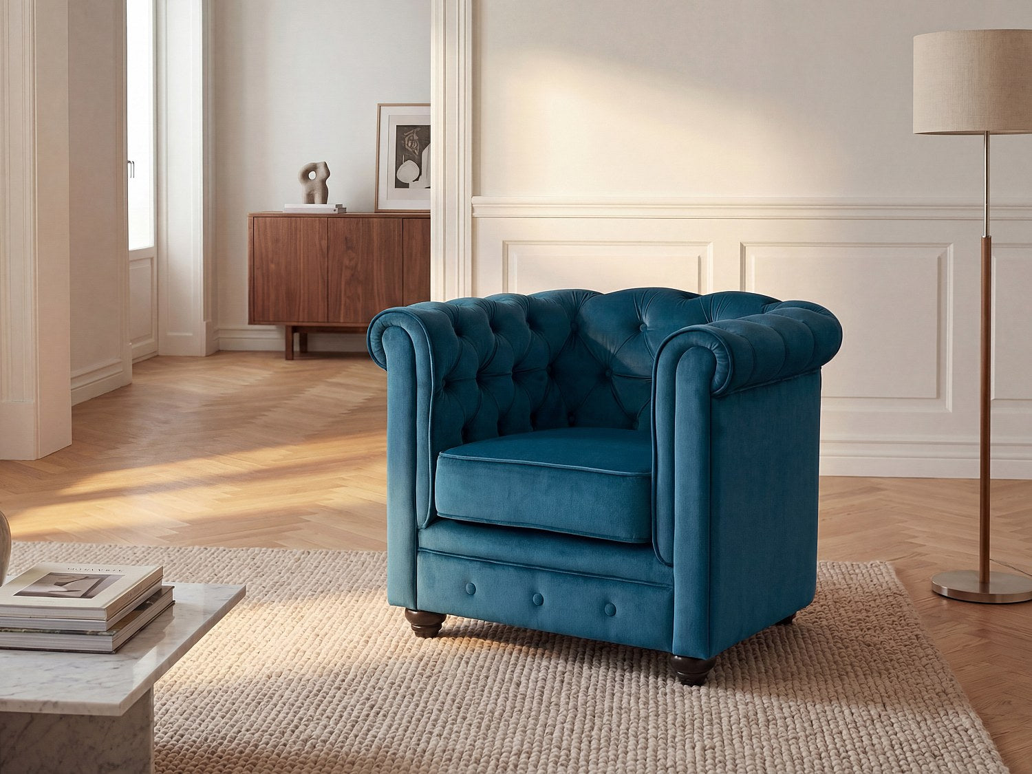 Fauteuil chesterfield 1 place en velours bleu canard - KELSO