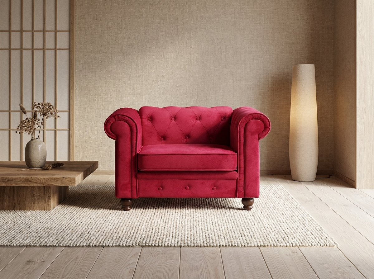 Fauteuil chesterfield 1 place en velours rouge - DUKE