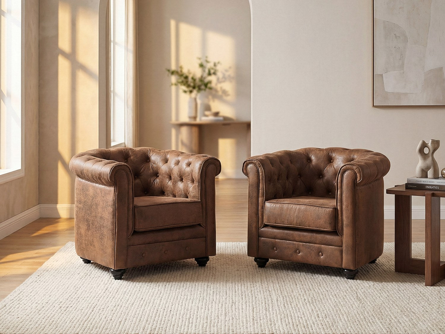 Lot de 2 fauteuils chesterfield en microfibre marron - CARLTON