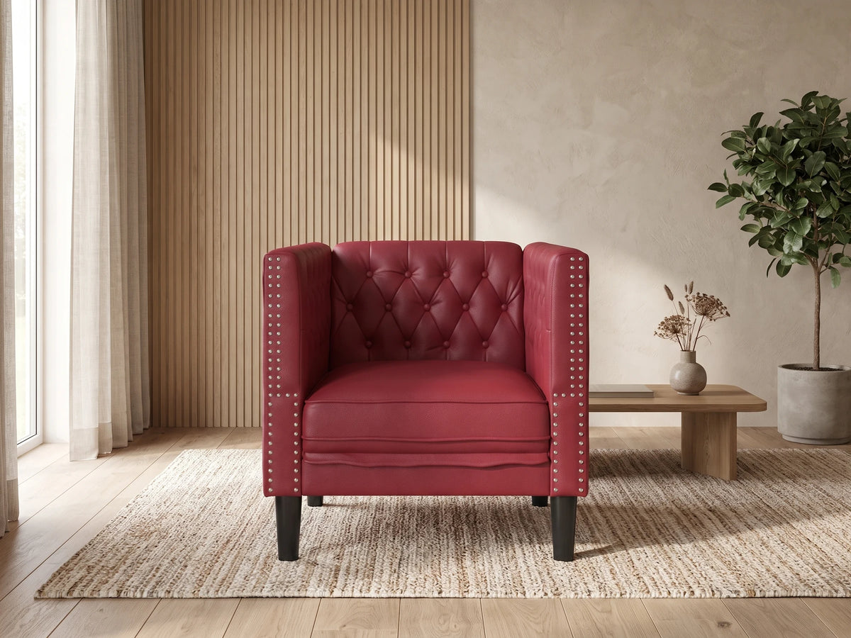 Fauteuil Chesterfield 1 place en simili cuir rouge SOMERTON dans un salon japandi moderne aux tons beige et bois clair