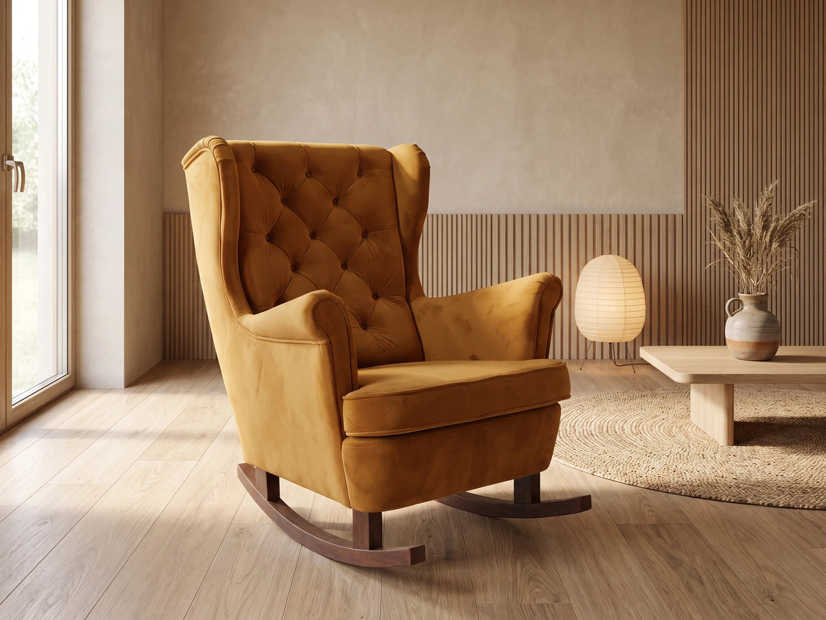 Fauteuil Chesterfield 1 place en tissu vert clair MAYFAIR dans un salon japandi moderne aux tons beige et bois clair