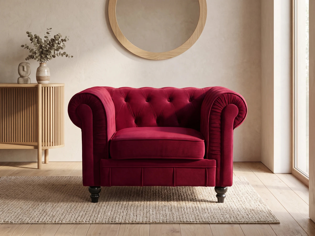 Fauteuil Chesterfield 1 place en velours rouge ALTESSE dans un salon japandi moderne aux tons beige et bois clair